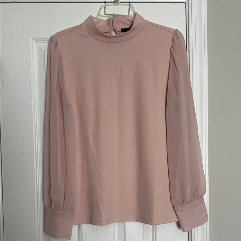 Ann Taylor Pink Blouse with Puff Sleeves and Mandarin Collar